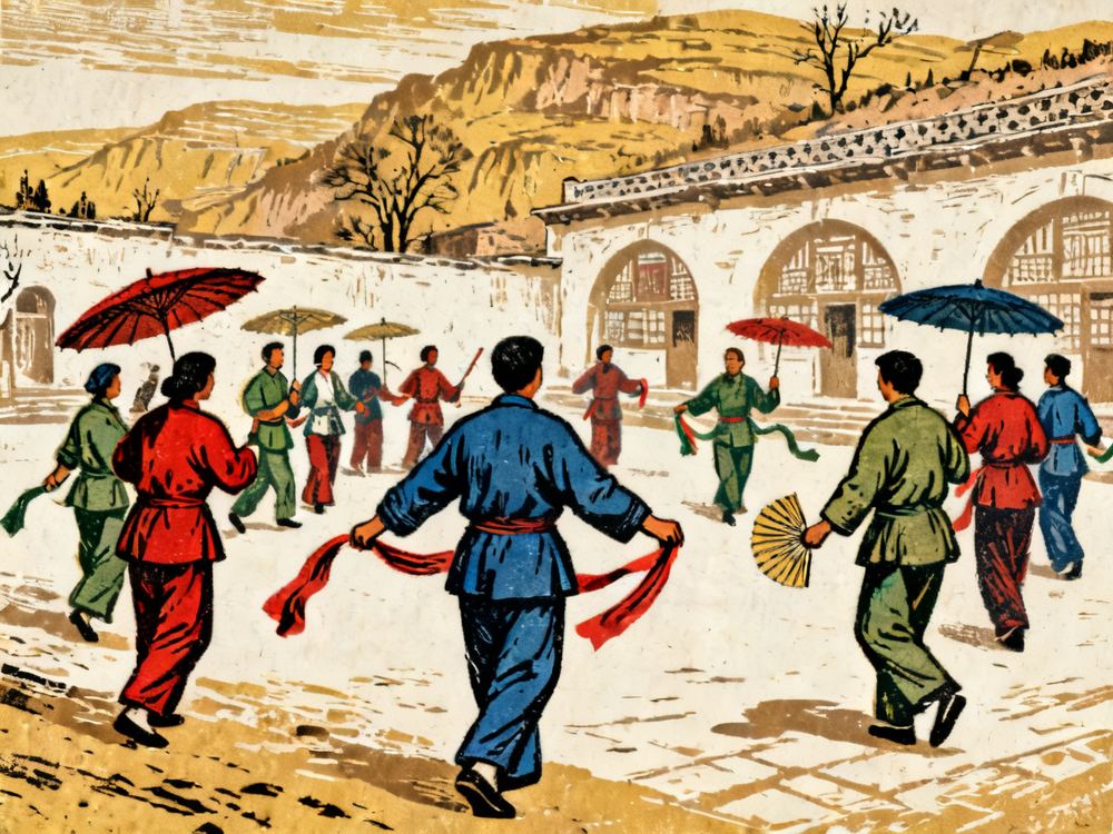 陕北秧歌 · 版画 · AI 示意