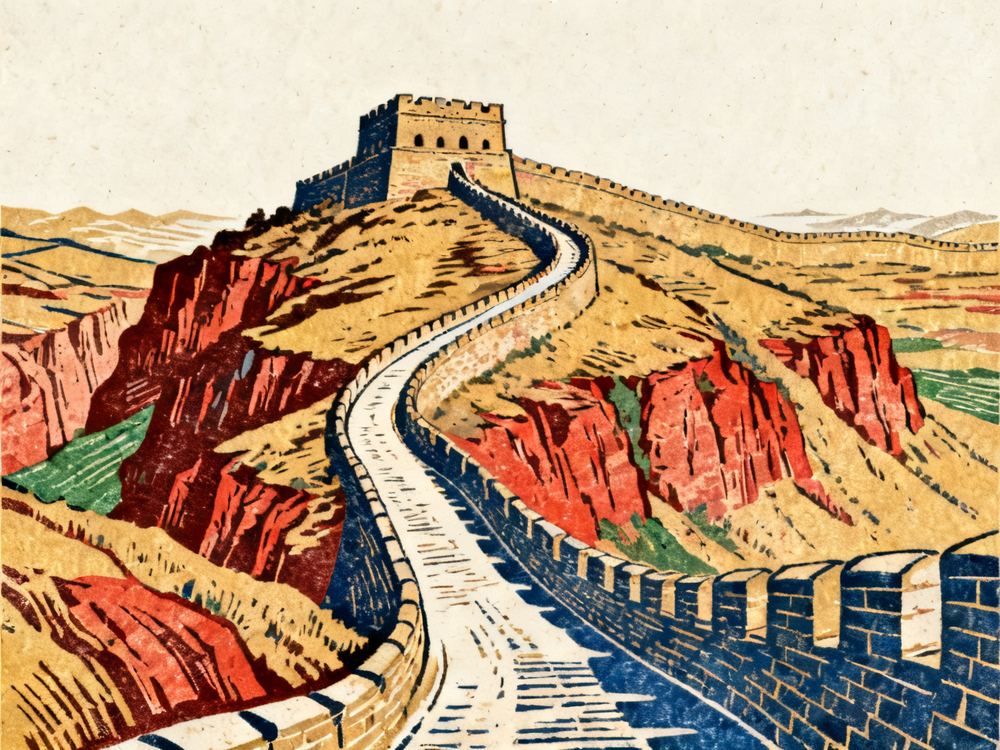 万里长城第一线 · 版画 · AI 示意