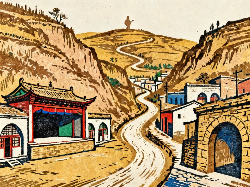 信天游黄土风情线 · 版画 · AI 示意