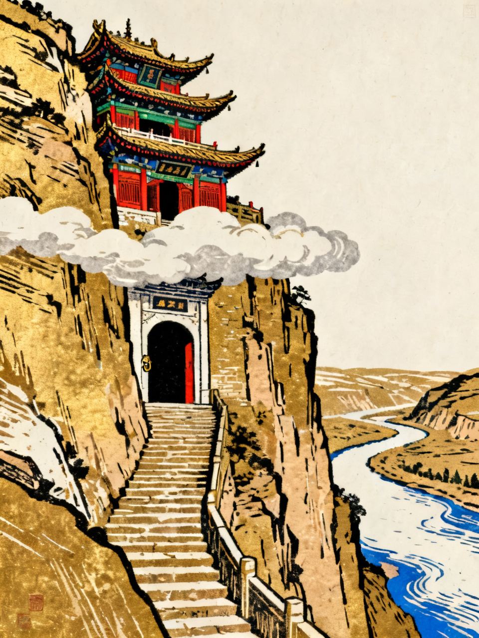白云山：山门无锁白云封 · 版画 · AI 示意