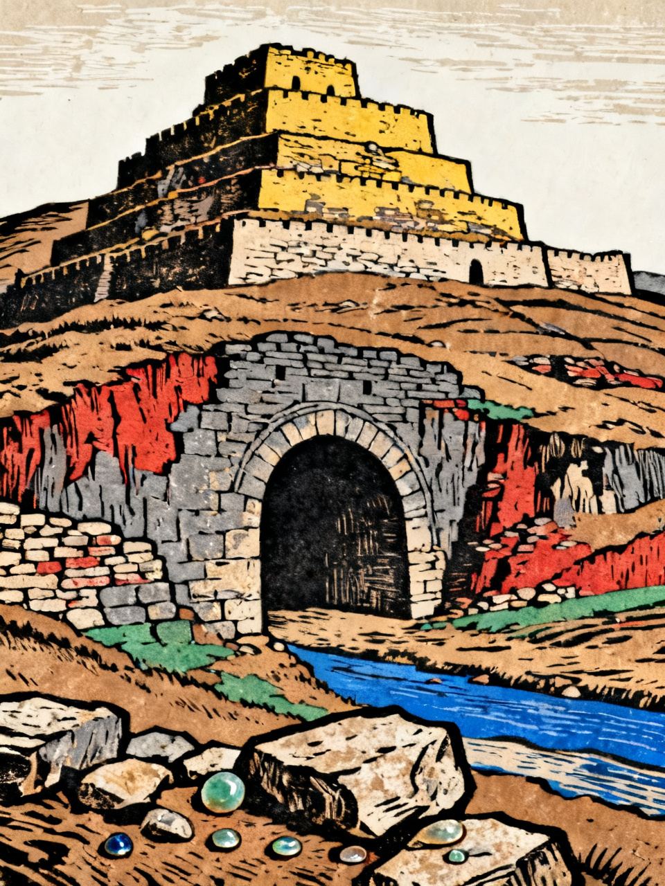 石峁：石破天惊的史前王国 · 版画 · AI 示意