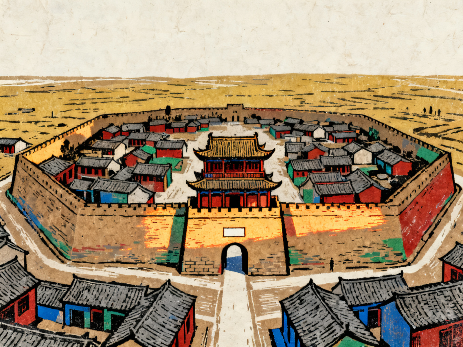 高家堡古城 · 版画 · AI 示意