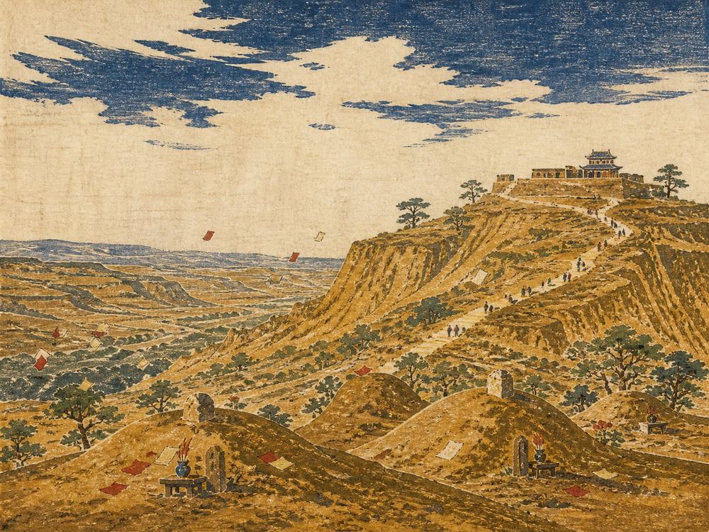 清明踏青 · 版画 · AI 示意