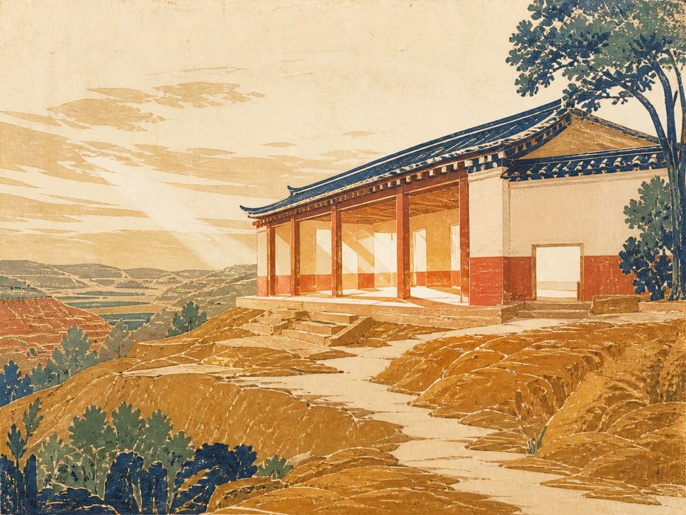 麟州府托育中心 · 版画 · AI 示意