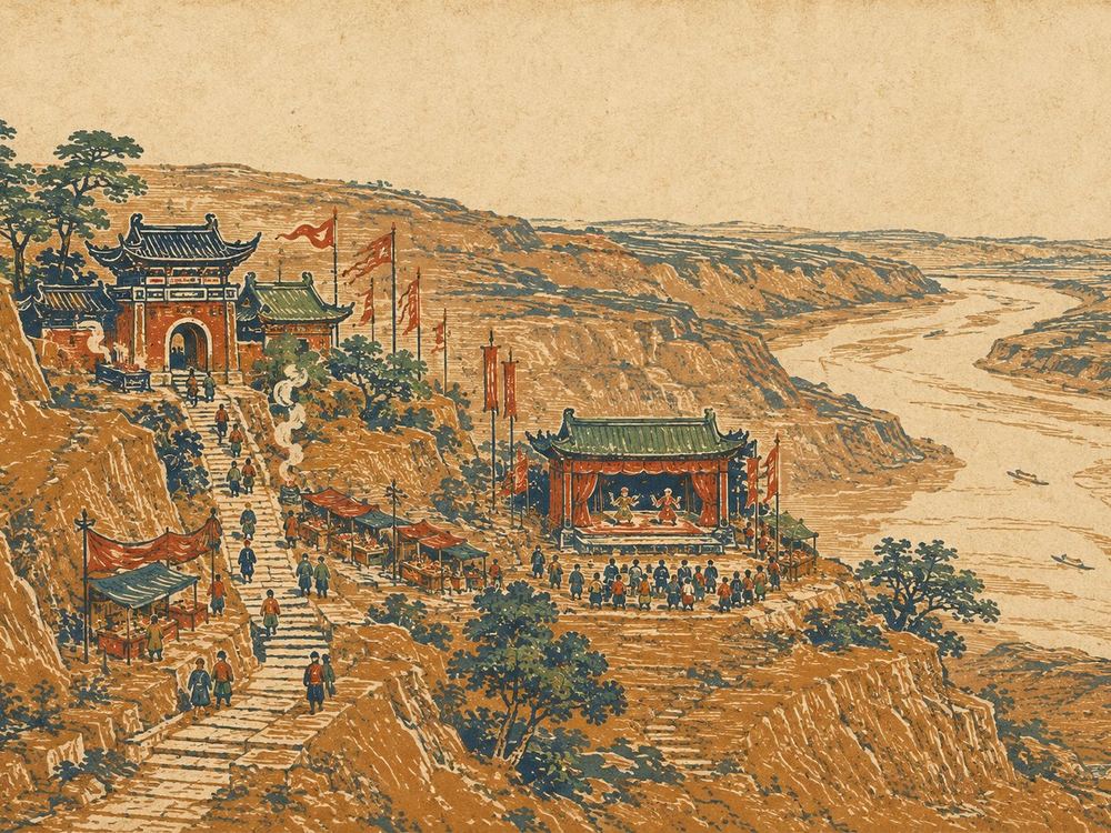 白云山庙会 · 版画 · AI 示意