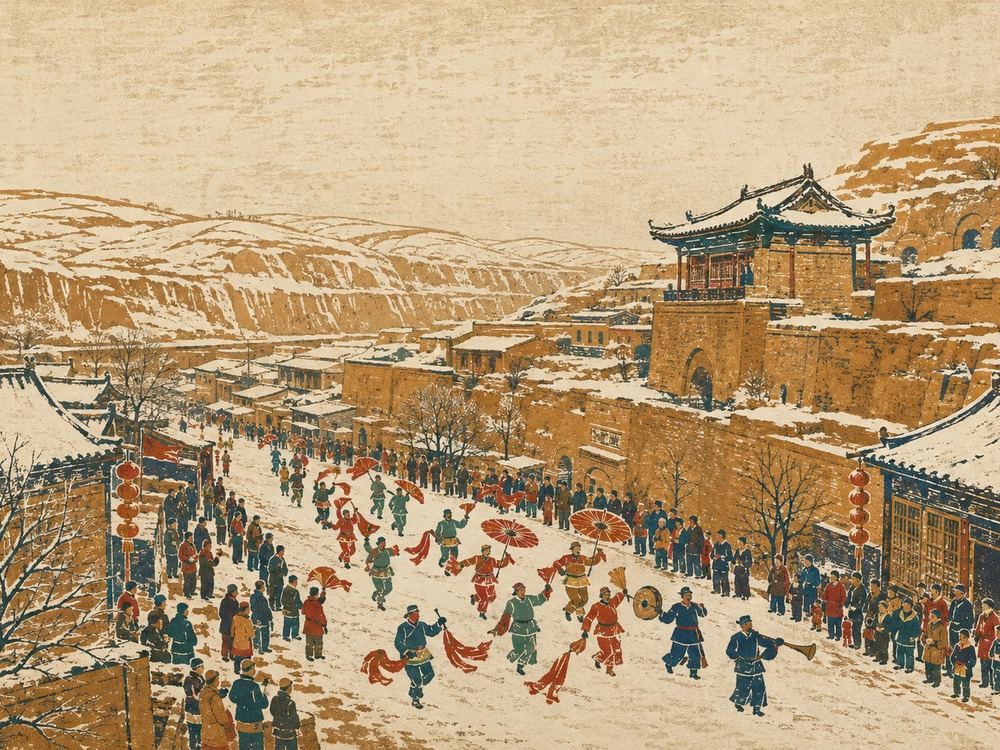 秧歌展演 · 版画 · AI 示意