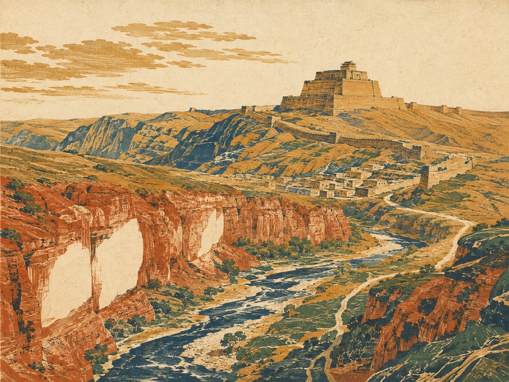 榆林长城边塞：镇北台与红石峡 · 版画 · AI 示意