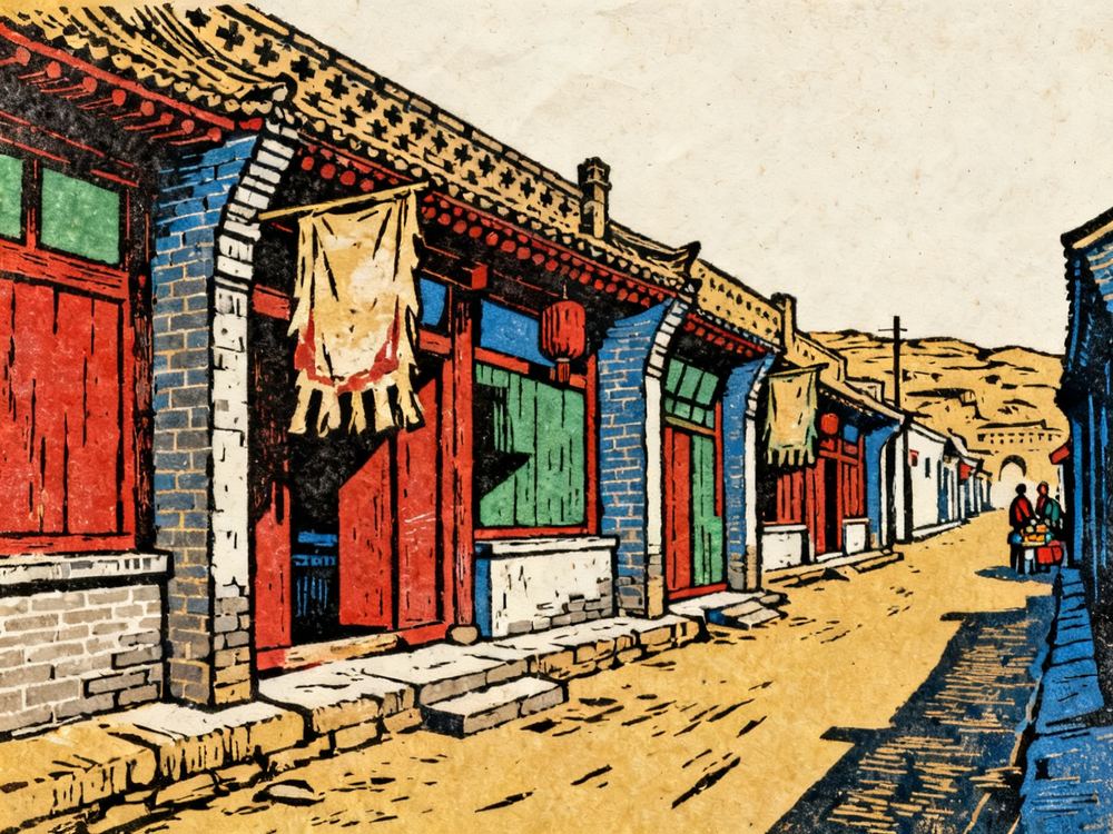 榆林老街商铺 · 版画 · AI 示意