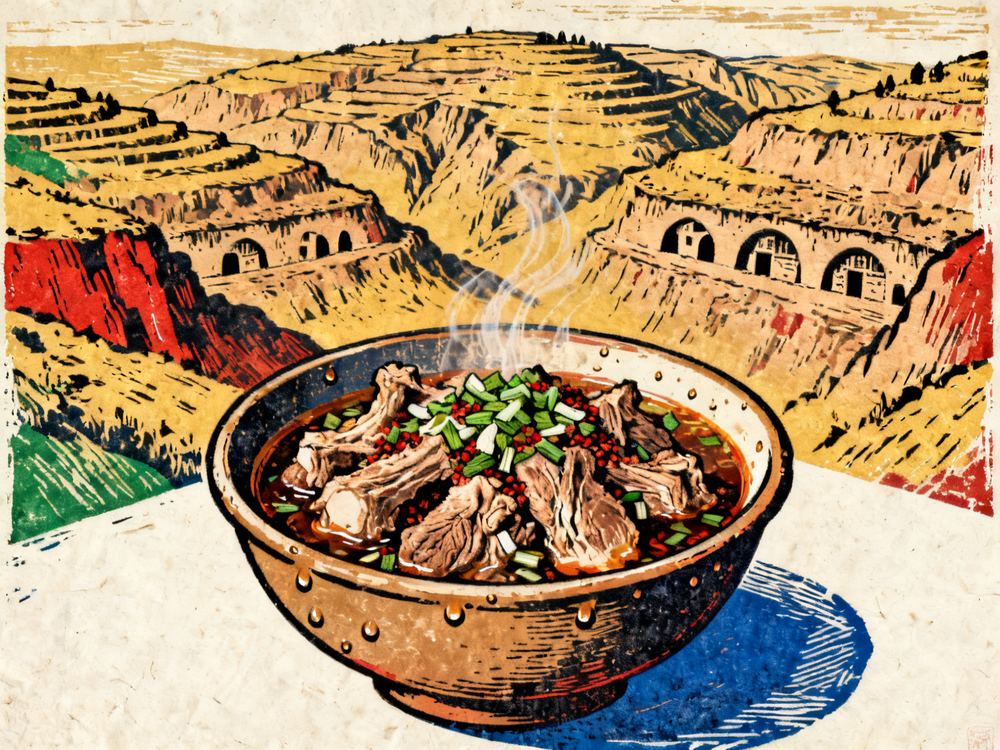 陕北风味餐厅 · 版画 · AI 示意
