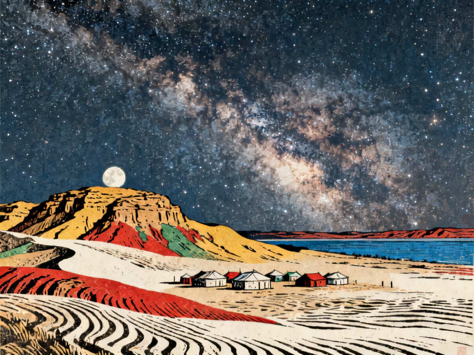 红碱淖暗夜营地 · 版画 · AI 示意